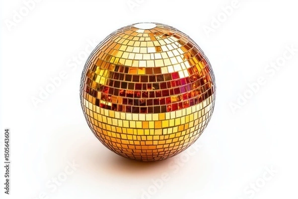 Fototapeta Shiny disco ball with golden mirror tiles reflecting light on white background