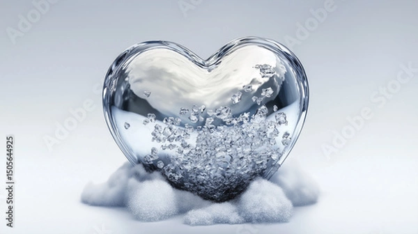Fototapeta A heart-shaped glass object with a cloudy interior, surrounded by sparkling crystals and snow-like material, symbolizing purity, love, and fragility.