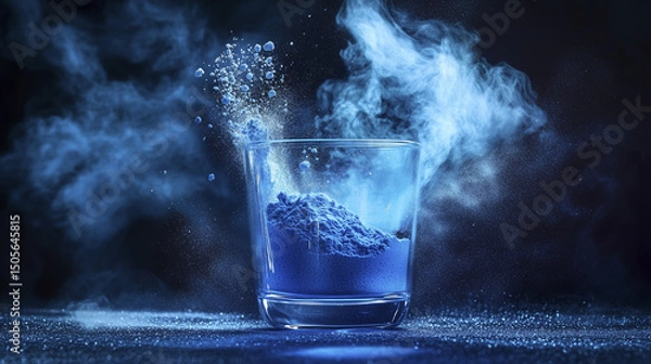 Fototapeta A glass of blue powder with smoke and particles flying around, creating a dynamic and vibrant effect.