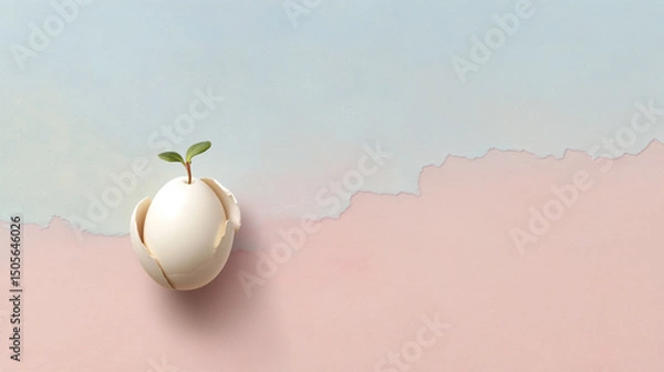 Fototapeta Minimalist image of a green seedling emerging from a cracked eggshell on a pastel blue and pink background symbolizing growth and renewal