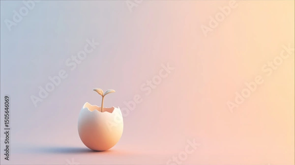 Fototapeta Minimalist image of a green sprout growing from an eggshell, symbolizing growth, new beginnings, and sustainability