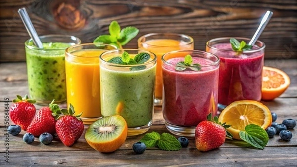 Fototapeta Refreshing fruit smoothies in colorful glasses with fresh fruits and a spoon , fruit juice