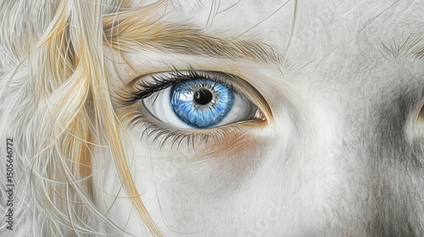 Fototapeta A close-up of a person’s eye with striking blue irises, highlighted by detailed eyelashes and hair strands. The image emphasizes texture and realism, focusing on the intricate details of the eye and