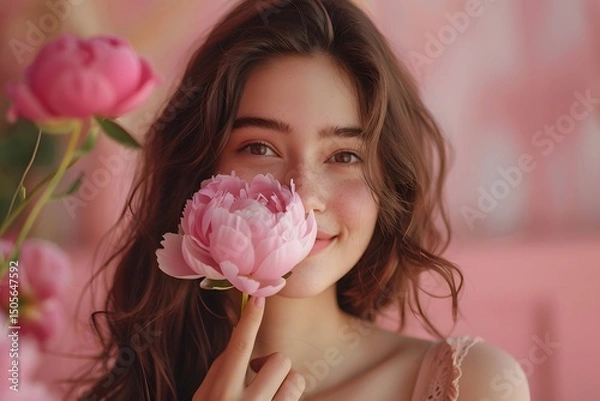 Fototapeta A young woman enjoys a moment of beauty, gently holding a peony close to her face, smiling softly against a backdrop of pink decor. Sunlight illuminates her joyful expression
