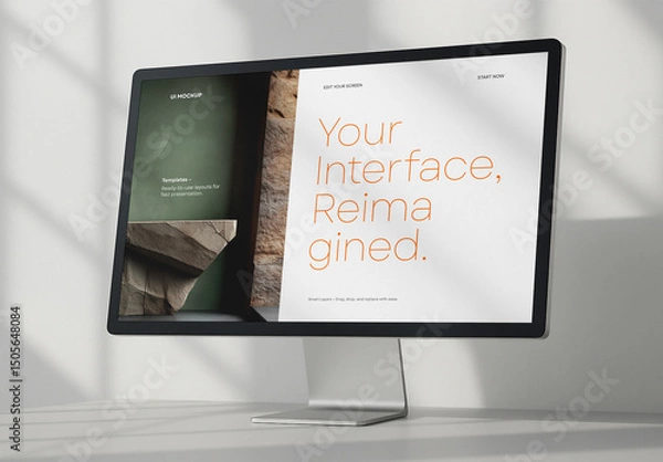 Obraz Modern Monitor Mockup – Realistic PSD Template with UI Interface on Wide Screen for Web Presentation, Application Design Display, or Digital Product Promotion