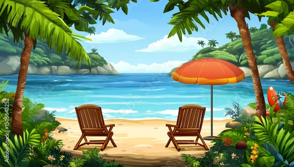 Fototapeta Cute cartoon vector-style landscape view of a beach with two chairs and an umbrella, and palm trees