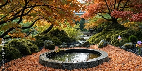Fototapeta Peaceful Japanese Garden with Persimmon Trees and Water Feature