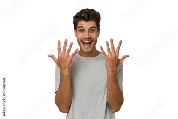 Fototapeta Young handsome caucasian man isolated on white background showing number ten with hands.