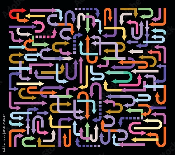 Fototapeta Abstract vector background of many colorful arrows pointing in different directions.	