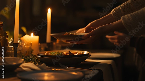 Fototapeta Elegant table setting with pasta and candles high resolution picture