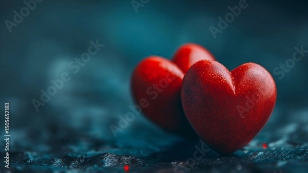 Fototapeta Two red hearts on moody blue textured background. Romantic Valentine love symbol.  
