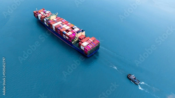 Fototapeta Aerial view container cargo ship freight shipping international, Global business freight shipping import export logistic transportation container cargo ship, Container cargo ship sea freight.