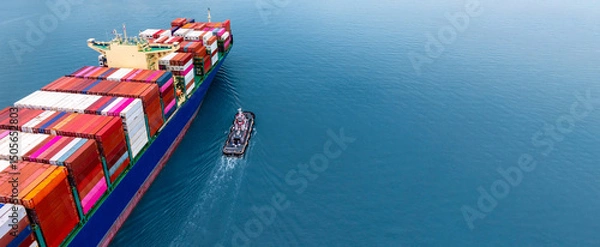 Fototapeta Aerial view container cargo ship freight shipping international, Global business freight shipping import export logistic transportation container cargo ship, Container cargo ship sea freight.