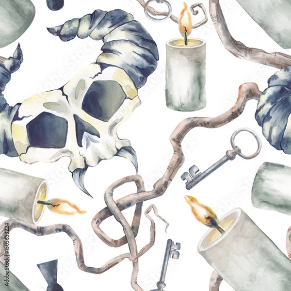 Fototapeta Watercolor seamless pattern for Halloween on a white background.Seamless background with skulls of mystical creatures, gnarled tree branches, lighted candles and keys. A fabulous template.