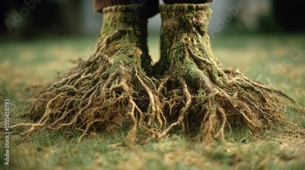 Obraz Human feet with tree roots growing, nature and environmental concept