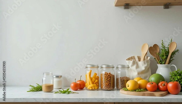 Fototapeta  A variety of food items stored in jars displayed on a kitchen counter, showcasing colorful ingredients and organized storage.