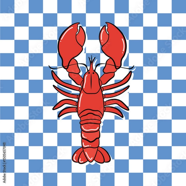 Fototapeta Cute red lobster vector on checkered pattern vector