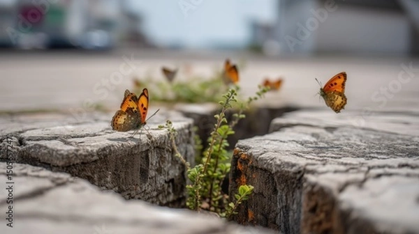 Obraz Butterflies and plants growing through cracks in urban pavement, nature reclaiming space
