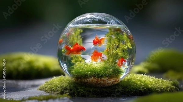 Obraz Goldfish swimming inside a glass orb with moss, nature and aquatic life concept