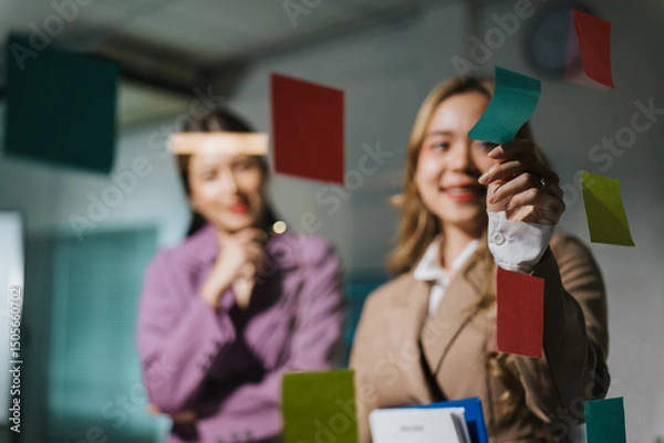 Fototapeta Creative team collaboration session office space brainstorming ideas modern workspace engaged view innovation strategy