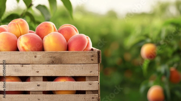 Fototapeta A wooden crate filled with fresh peaches ready for harvest in a sunny orchard.