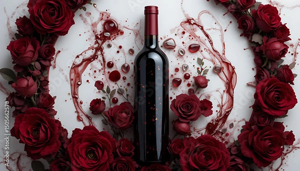 Fototapeta  A bottle of wine elegantly placed among vibrant red roses, creating a romantic and inviting atmosphere.