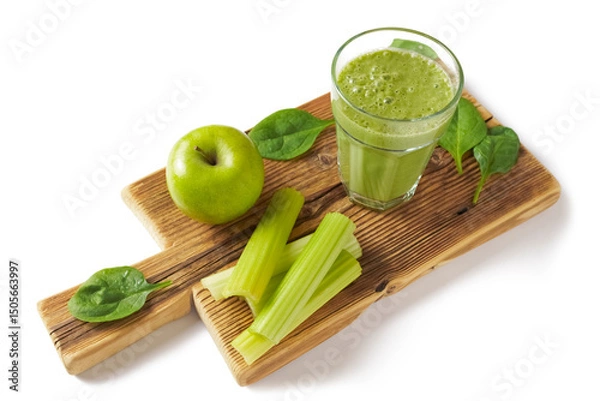 Fototapeta spinach and celery stems detox diet smoothie with chia and sunflower seeds, healthy eating