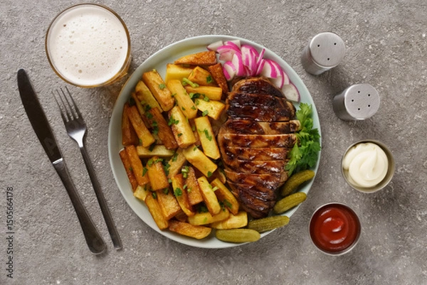 Fototapeta juicy barbecue steak with fried potatoes in a restaurant, served with beer, fresh vegetables and pickles, ketchup and mayonnaise