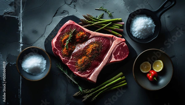 Obraz A raw T bone steak is placed on a black cutting board, seasoned with a mix of spices and garnished with a rosemary sprig. 