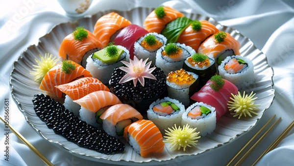Obraz A beautifully arranged sushi platter on a decorative plate.