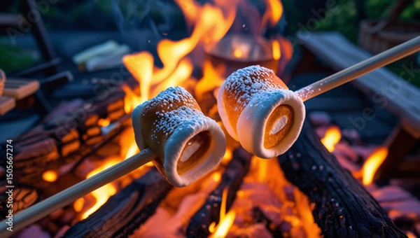 Obraz Two marshmallows on a stick are being toasted over a lively campfire. 
