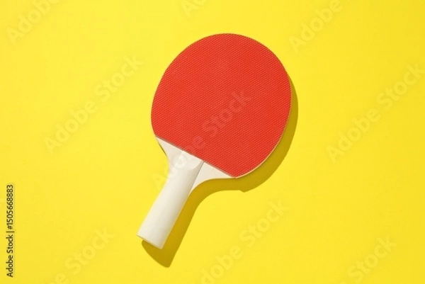 Fototapeta One ping pong racket on yellow background, top view