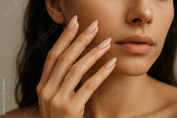 Obraz Woman showcasing manicured nails while touching her face in studio  