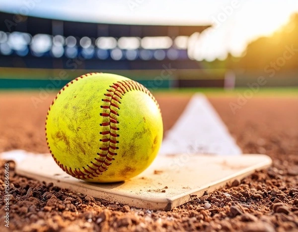 Obraz Close-up view of a dirty softball on home plate. Game-winning moment concept. Ball with yellow color, red stitching detail.