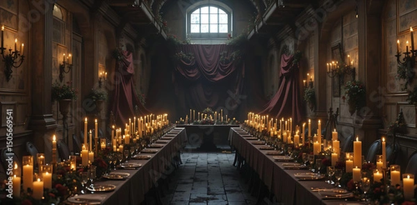 Fototapeta A long dining table adorned with candles, set against a backdrop of rich red curtains.