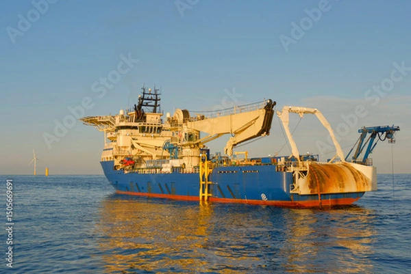 Fototapeta Offshore DP3 Cable Laying Vessel Deploying Subsea Cable Next To Substation Installation During Wind Farm Construction