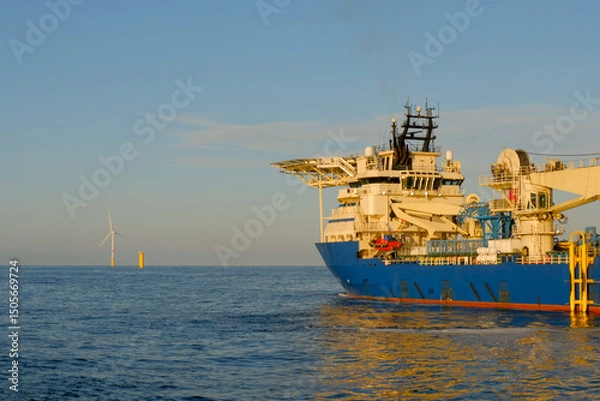 Fototapeta Offshore DP3 Cable Laying Vessel Deploying Subsea Cable Next To Substation Installation During Wind Farm Construction