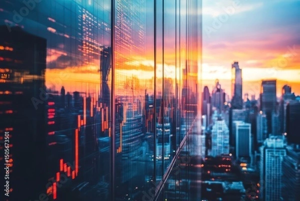 Obraz City skyline with stock market graph reflected on building at sunset