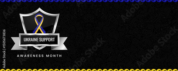 Fototapeta Ukraine Support Awareness Month banner, with Blue and yellow ribbon, shield and space for text. Design for Banner or Header.