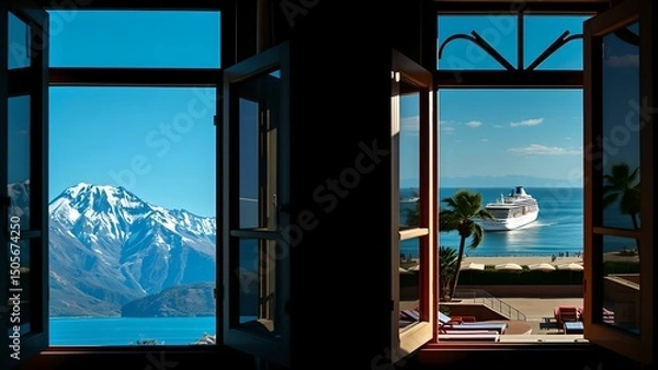 Fototapeta Views from the window: Snow-capped mountains and the paradisiacal coast, different vacations.
Concept: Dichotomy, nature, leisure