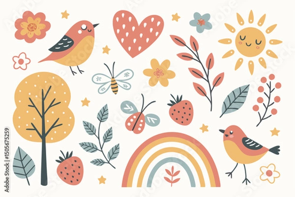 Fototapeta Seamless bird and flower vector pattern with a touch of vintage love, perfect for spring nature art or summer decoration