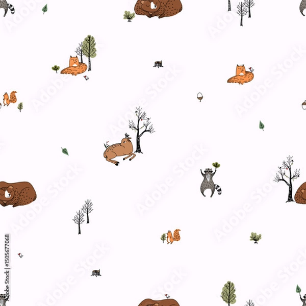 Obraz Cute seamless pattern with forest doodle animals drawn in Scandinavian style.