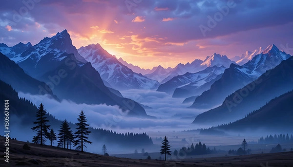 Fototapeta Serene twilight landscape: snow-capped peaks, misty valley, and colorful sky with silhouetted evergreens.