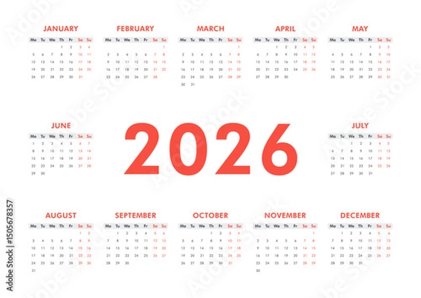 Obraz Vector modern classic calendar for 2026 year. Week starts on Monday. Desk or wall horizontal A4 calendar in minimalist style