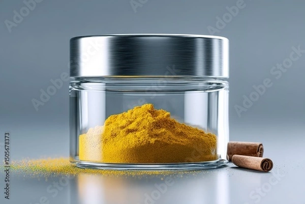 Fototapeta Golden turmeric powder in a glass jar with cinnamon sticks on a grey background
