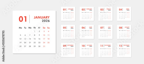 Obraz Monthly calendar template for 2026 year. Week starts on Monday. Desk or wall calendar in minimal style