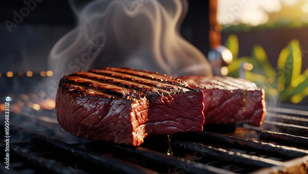Obraz Two steaks are grilling on a barbecue, emitting smoke.