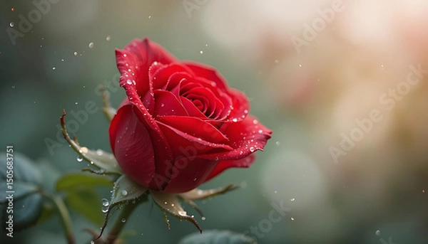 Fototapeta Richly textured red rose petals spiral inward, adorned with dew drops in warm, diffused light.