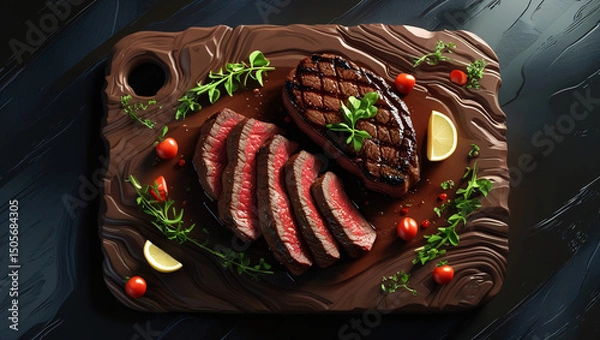 Obraz A grilled steak, marked with criss cross grill lines, is placed on a dark wooden board.