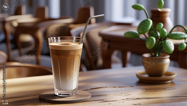 Obraz A tall glass of latte with a gradient from creamy white at the bottom to rich brown at the top sits on a wooden coaster. 